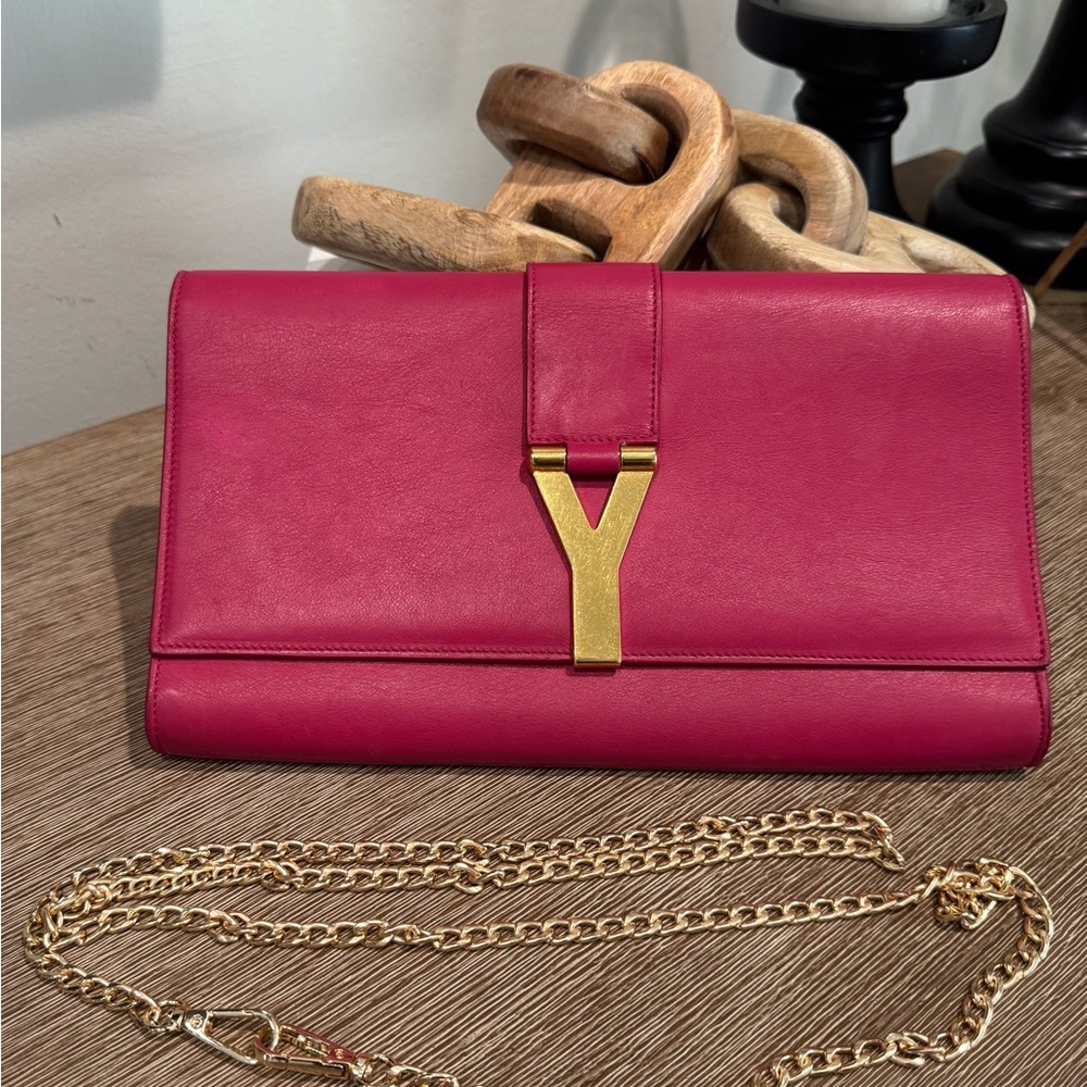 YSL Vintage Saint Laurent Paris Pink Leather Clutch Shoulder Crossbody Bag gold